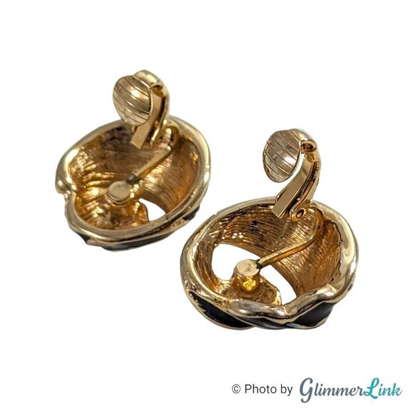 Vintage Enamel Wavy Stripe Swirl Dark Teal Black Gold Tone Clip On Earrings - Picture 7 of 10